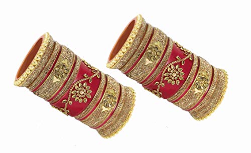 Image of NMII Traditional Gold Plated Acrylic Bangles Bridal Chuda Set For Women & Girls with Zircon Diamond & Pearls Beads Work | Royal Wedding Chudas | Premium Look | Bangles For Wedding, Festive, Function