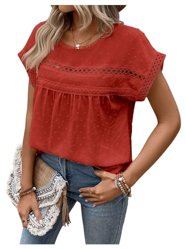 SweatyRocks Women's Casual Short Sleeve Summer Top Round Neck Lace Crochet Blouse Swiss Dots Blouse Tops4