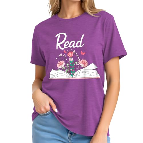 Image of Read Book Shirt for Women-Reading Teacher Tee Tops Pink Flower and Butterfly Short Sleeve Cute Book Shirt