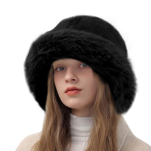Peicees Winter Bucket Hat for Women Fur Russian Ushanka Ladies Fluffy Snow Hat Fuzzy Fisherman Cap Warm Cute