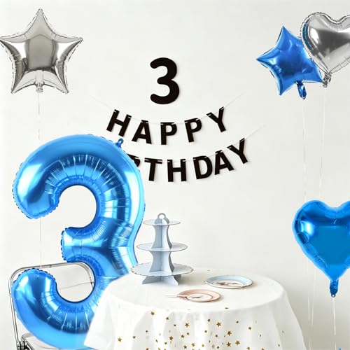 Image of TONIFUL 3rd Birthday Balloons Kit 40 Inch Blue Large Number 3 Foil Balloon | with 18Inch Helium Mylar Heart Star Shaped Balloons for Boy Men Birthday Anniversary Graduation New Year Eve Party Decoration