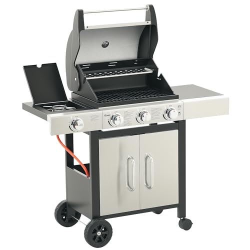 Outsunny Gas Barbecue Grill 3+1 Burner Garden Smoker BBQ Trolley w/Side Burner Warming Rack Side Shelves Storage Cabinet Piezo Ignition Thermometer Stainless Steel + Metal
