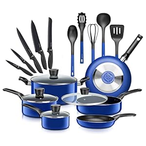 SereneLife 20-Piece Blue Cookware and Knives Set – Includes Multi-Sized Non-Stick Pots and Pans with Tempered Glass Lids, Heat Resistant, Dishwasher Safe, Includes Utensils