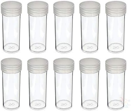 Edgar Marcus (10) Round Clear Plastic (Quarter) Size Coin Storage Tube Holders with Screw on Lid