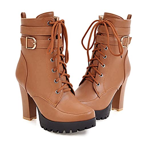 VOKLIN Women's Lace Up Platform High Heels Dress Ankle Boots Round Toe Buckle Zipper Dressy Short Booties3