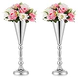 REGALOS PERFECTOS: Te encantarán los jarrones altos para centros de mesa. Solo téngalo para usted o envíelo como regalo en el Día de la Madre, Aniversarios, Acción de Gracias, Bodas o Inauguraciones de la casa. Lista de embalaje: 2 jarrones plateados (altura de 42 cm, diámetro de la base de 12 cm, diámetro superior de 12 cm), 1 manual de instrucciones (idioma español no garantizado).
