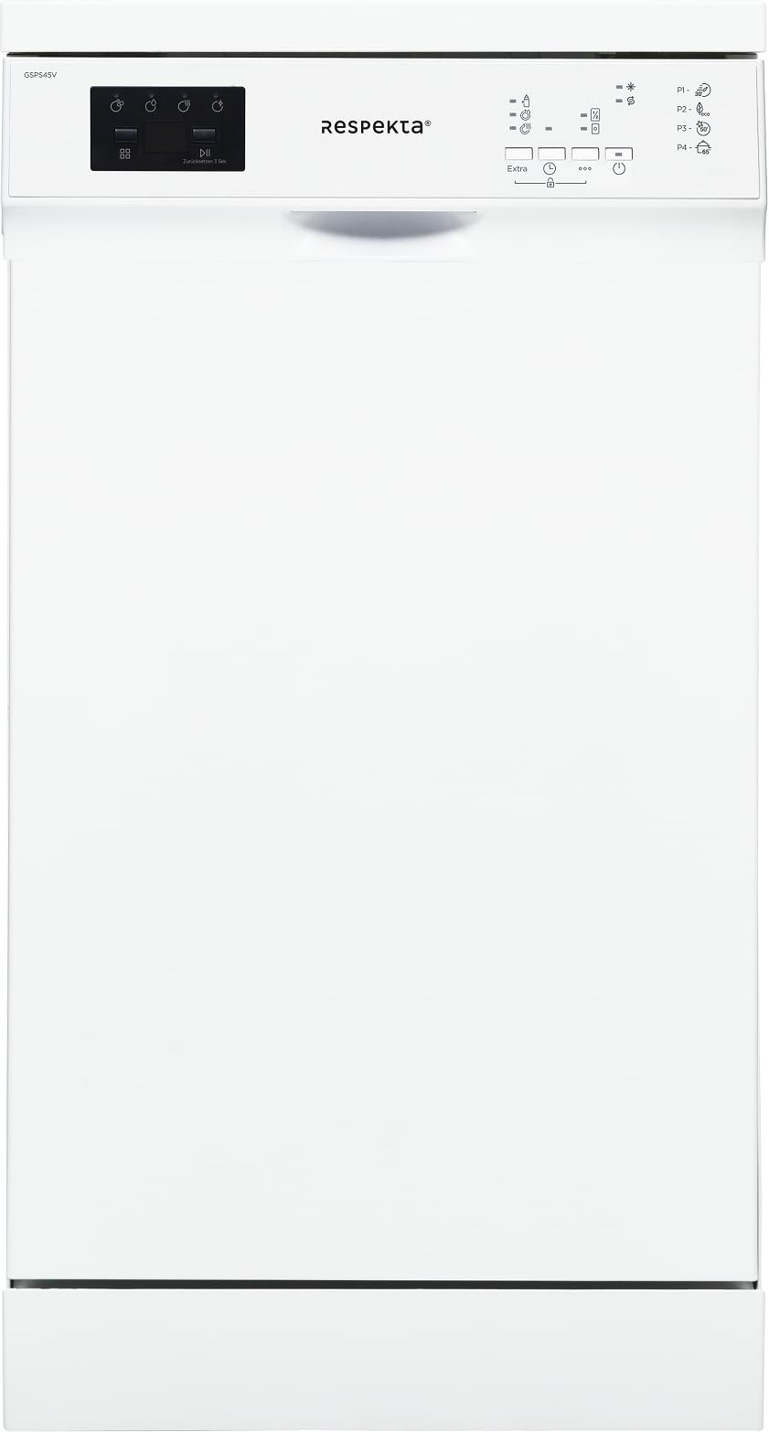 Respekta Freistehender Geschirrspüler Bela 45 cm/unterbaufähig durch abnehmbare Abdeckung / 4 Programme/Halbe Beladung/Startzeitvorwahl/leise/LED Display / 10 Maßgedecke / GSPS45V / Weiß