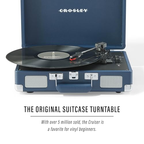 Image of Crosley CR8005F-IB Cruiser Plus Record Player, Ink Blue | 3-Speed Turntable, Bluetooth In / Out, Built-in Stereo Speakers, Isolated Internal Speakers Minimize Vibration