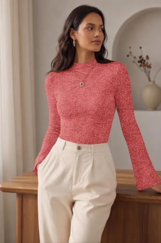 Womens Thermal Bell Sleeve Top Comfortable Mock Neck Shirt Chic Holiday Tee - image 5