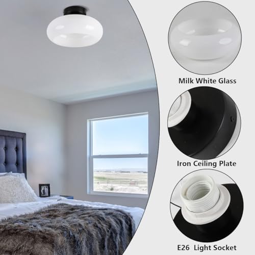 Image of Black Semi Flush Mount Ceiling Light Mid Century Modern Entryway Light Fixture 11 inch Glass Globe Flush Mount Light Fixture for Hallway Kitchen Bedroom Closet