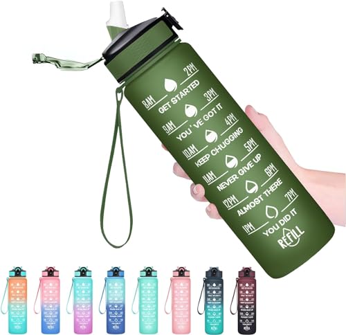 Image of TEKCOOL Motivational 1L Capacity Green Plastic Bottle with Straw | Leakproof, Durable, BPA-Free | Ideal for School /College /Office /Travel, Sports /Outdoor Activities'
