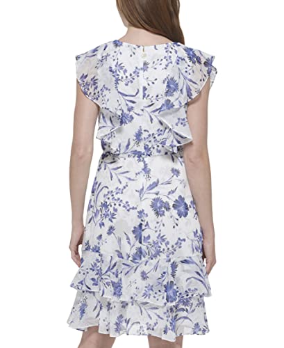 Image of Tommy Hilfiger Women's Sleeveless V-Neck Ruffle Trim Tie Waist Chiffon Mini Dress