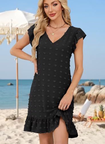 Image of QACOHU Spring Summer Dresses for Women 2026 V Neck Cap Sleeve Ruffle Hem Smock Short Casual Beach Dress