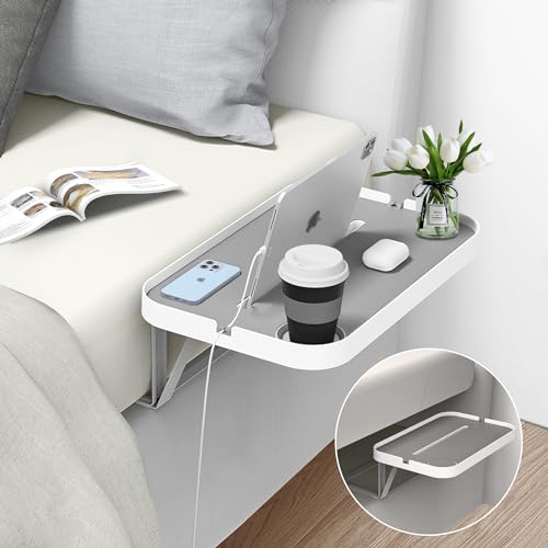 KIWIFOTOS Nachttischregal für Plattformbett, Einlegen Matratze Nachttisch Metall Regal mit Tassenhalter, Kabelorganisation, stummes Design- Weißes (Modell-L)