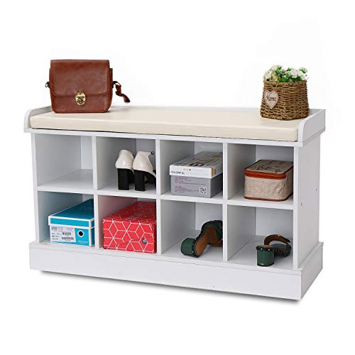 8 Cubbies Shoe Entryway Bench Storage with Fireproof Cushion Wood Cube Organizer Rack