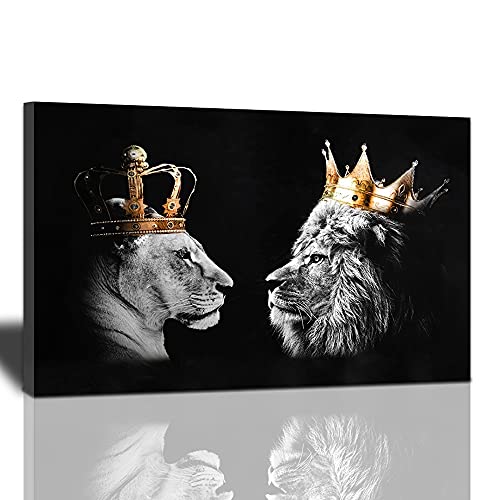 Living Room Decor Wall Art Lion Pictures for Bedroom Lion and Lioness with Crown Poster Black and White King and Queen Canvas Prints Modern Home Framed Artwork for Bedroom Living Room 24X16 inch