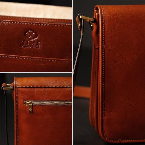 Image of Time Resistance Italian Leather Messenger Bag for Men - Full Grain Leather Men's Crossbody Bag - Tablet Sized Shoulder Bag