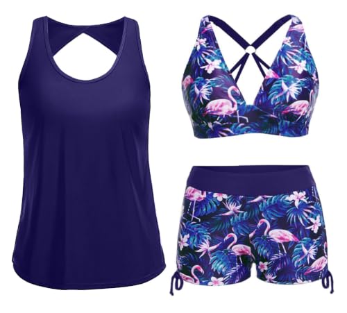 Image of Yonique 3 Piece Swimsuits for Women Athletic Tankini Teen Bathing Suit Tummy Control Modest Swimwear with Boy Shorts