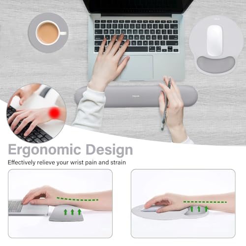 Image of MOSISO Wrist Rest Support for Mouse Pad&Keyboard Set, Circle Curved Ergonomic Mousepad&Coaster Non-Slip Base Home /Office Pain Relief&Easy Typing Pad with Soft Cloth&Raised Memory Foam, Gray