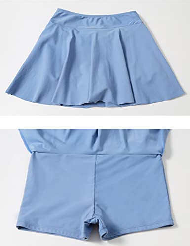 JadeRich Teen Girls' 2-Piece Skirted Bathing Suits Short Sleeve Rash Guard Drawstring Swimwear Teenager Sporty Swimsuit4