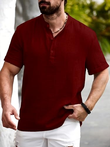 Image of Men Shirt | Black Textured Cotton Blend | Regular Fit Casual Shirt | Half Short Sleeve | Mandarin Chinese Collar | Button Down | Summer Office Wear | Stylish Shirt for Men