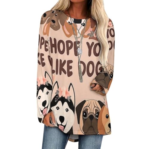 Lovely Dogs Women Long Sleeve Crew Neck Tee Tops Trendy Casual Dressy Blouses Fall Clothes Pullover Shirt Fashion Curved Hem Shirts