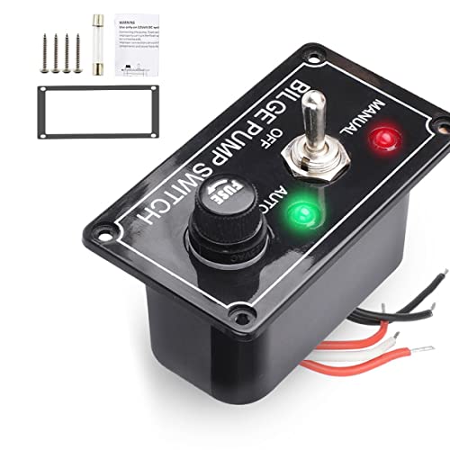 Kqcibz DC 12V Fused Marine Bilge Pump Switch Panel with LED Indicator Light Manual/Off/Auto 3-Way Toggle Switch, Black, 500302109