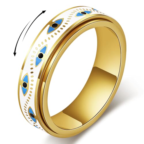 YellovEvey Evil Eye Fidget Ring for Women - Anxiety Relief Spinner Jewelry 18K Gold Plated Stainless Steel Turkish Ojo Turco Protection Rings Gift for Adults (Gold 7)