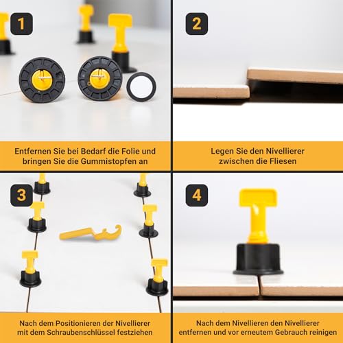 Proxinova Fliesen-Nivelliersystem Kit 100pcs Fliesenabstandhalter, Kratzschutz-System, 2 Schraubenschlüssel, Arbeitshandschuhe, 100 T-Stifte