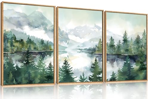 Image of Celestdeco Watercolor Mountain Framed Canvas Wall Art Set, Boho Forest Wall Decor, Nature Green Pines Wall Painting, Forest Wilderness Artwork for Living Room, Bedroom, Dining Room, Office - 16"x24"x3