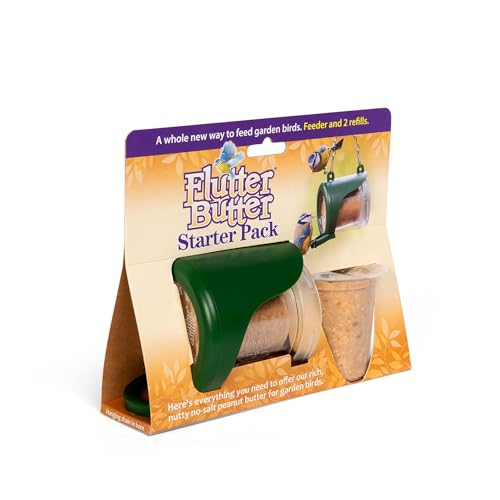 Flutter Butter Starter Pack with 2 Flutter Butter Refills - Peanut Butter for Birds Wild Bird Food - Small Bird Feeder Helps Attract More Birds to Your Garden - Flutter Butter Feeder for EcoRefills