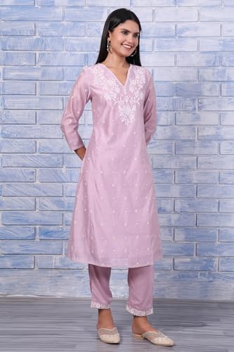 Image of W for Woman Embroidered Lace Cotton Blend Straight Kurta & Straight pant Set