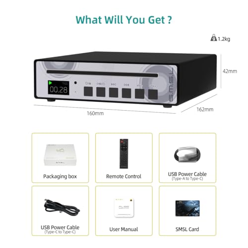 SMSL VMV PL100 HiFi CD Player for Home, CS43131 Decoding Chip CD Transport, Headphone Amplifier with RCA/3.5mm Headphone/Optical/Coaxial Digital Output, Black - Thumbnail 7
