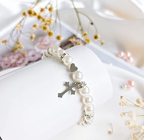 Image of Cross Heart Bracelet First Communion Gifts for Girls Catholic Baptism Gifts Easter Confirmation Gifts for Girls Christian Bracelets