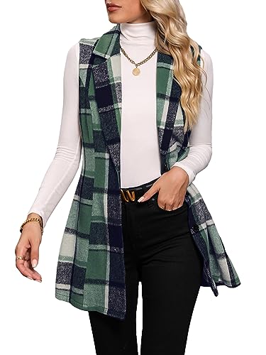 Makemechic 989918825-M Women'S Plaid Vest Coat Casual Lapel Neck Button Front Sleeveless Blazer Jacket Outerwear Green M cover