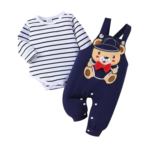 Image of TOKIAGO Baby Boy Clothes Newborn Outfits Fall Winter Striped Romper Infant Cartoon Overall Adjustable Suspender Pants Set