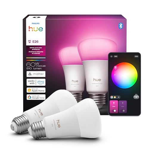 Image of Philips Hue Smart LED A19 Bulb 2-Pack, White Color Ambiance, E26 Base, 7.2W, Full Spectrum Light 1000K-20000K, 810 Lumens, Dimmable, Works with Alexa, Google,& Apple Home