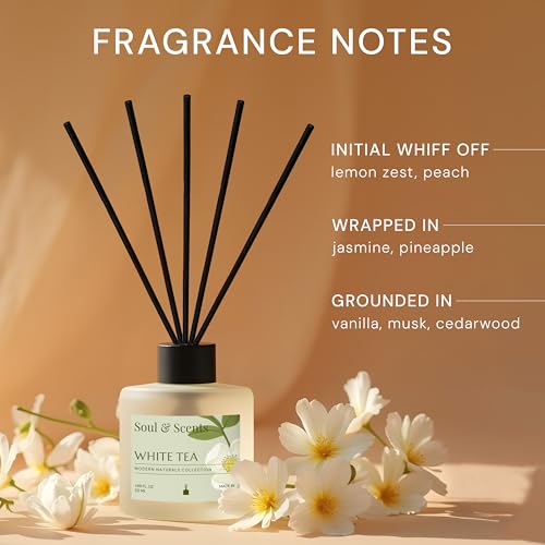 Image of Soul & Scents 50ml White Tea Reed Diffuser Set | Refreshing Aroma of White Florals & Sea Breeze | Get 5 Rattan Reed Sticks | Smoke Less Room Freshener for Home, Bedroom, Living Room & Office