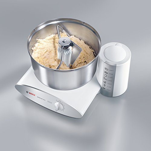 Bosch Küchenmaschine MUM6 Universal Plus MUM6N21, Edelstahl-Schüssel 6,2 L, Mixer 1,5 L, Knethaken, Spatel, Doppel-Schlagbesen, 4 Arbeitsstufen, Momentstufe, Kabelstaufach, 1000 W, weiß