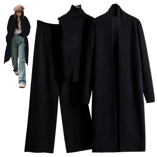 Vêtements femmes automne ensemble chic 3 pièces tricot et pantalon large noir