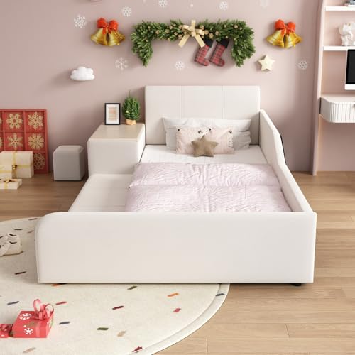 Sweiko Lit Enfant en Velours 90x200 cm avec Bureau Intégré, Tabouret, Blanc
