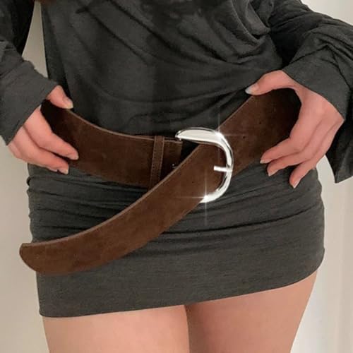 Women Wide Thick Belt for Dresses Chunky Leather Belt Vintage Suede Belt with Metal Buckle2
