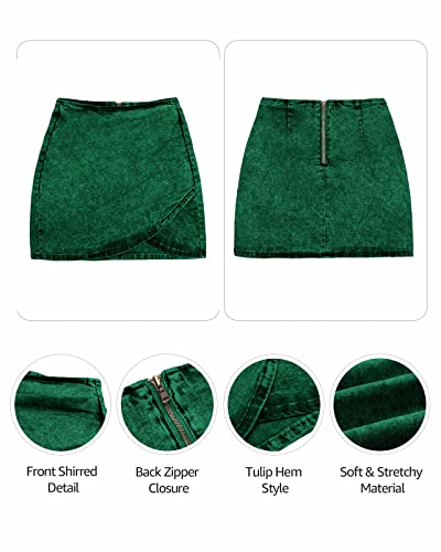 Vetinee Women's Elm Green Tulip Hem Shirred Stretchy Back Zip Casual Bodycon Short Jean Denim Skirt Size Large Size 12 Size 14 #TOP5
