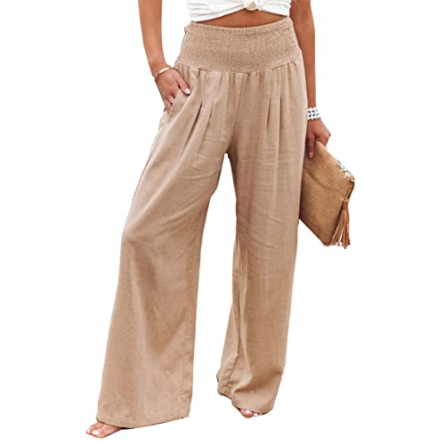 ASHER FASHION Womens Cotton Linen Casual Summer Wide Leg Pants Elastic High Waist Palazzo Solid Pants