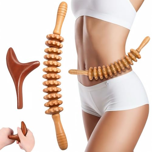 Faszienrolle Holz & Trigger Set,Faszienstab holz+Massagestäbchen Triggerpunkt,Massage Roller mit Griff,Rücken Massagegeräte,Handmassager Massagehilfe,Holz Therapie Massage Tool