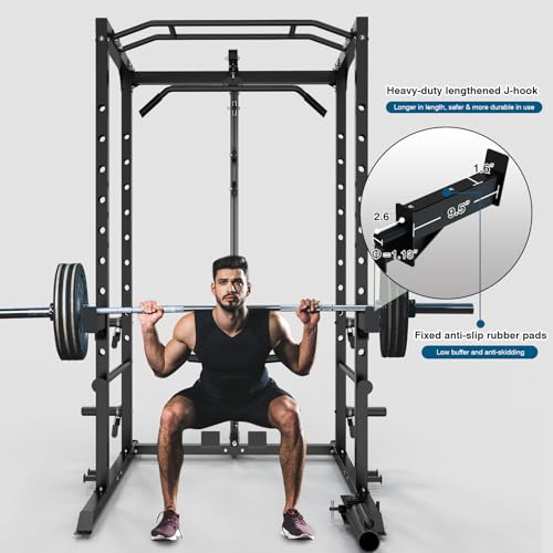 Image of ULTRA FUEGO Power Cage, Multi-Functional Power Rack with J-Hooks, Dip Handles, Landmine Attachment and Optional Cable Pulley System for Home Gym (Power Cage Black with Pulley System and Olympic Bar)