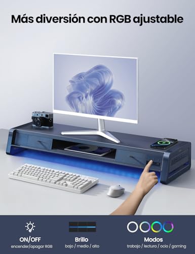 Miniatura 5 de Vaydeer Soporte Elevador De Monitor Dual Todo En Uno Con 2 Cajones, 8 Puertos Usb 4 De Carga Rápida, 4 Para Transferencia De Datos , Almohadilla De Carga Inalámbrica Y Tira De Luz Led, Organizador De