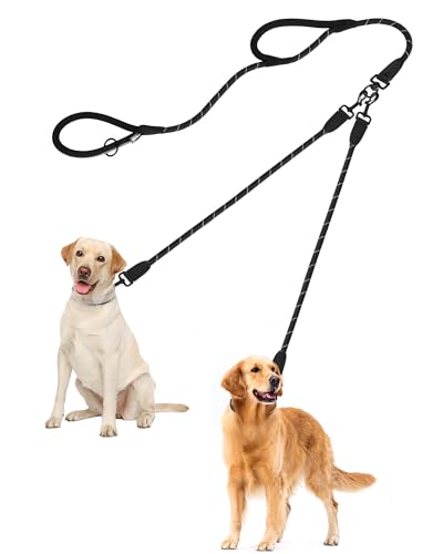 PetBonus Laisse Double pour Chien, Anti-emmêlement à 2 poignées rembourrées, Laisse réfléchissante Confortable pour Moyenne et Grande Taille 1,2 cm (Noir)