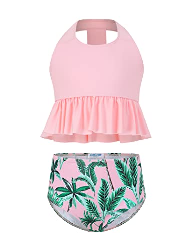 Image of GERU Girls 2 Pieces Halter Ruffle Swimsuit High Waisted Bathing Suit Halter Neck Bikini Set