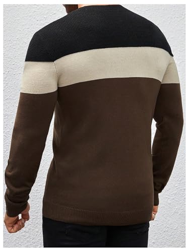 WDIRARA Men's Crew Neck Long Sleeve Sweater Color Block Knitwear Casual Pullover Tops2